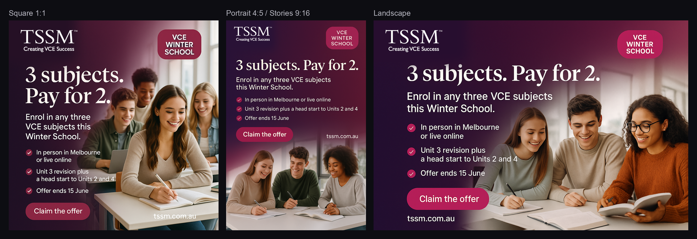 TSSM offer-led ads, 3 subjects for the price of 2, across placement sizes